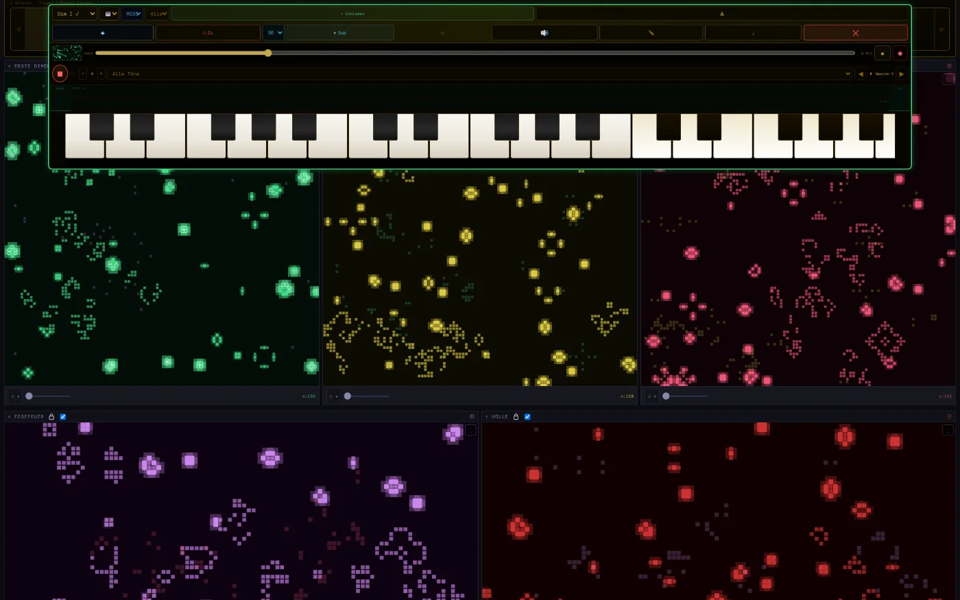Conway NeuroSynth: Klaviatur über fünf lebenden Zellräumen in Grün, Gelb, Rosa, Violett und Rot